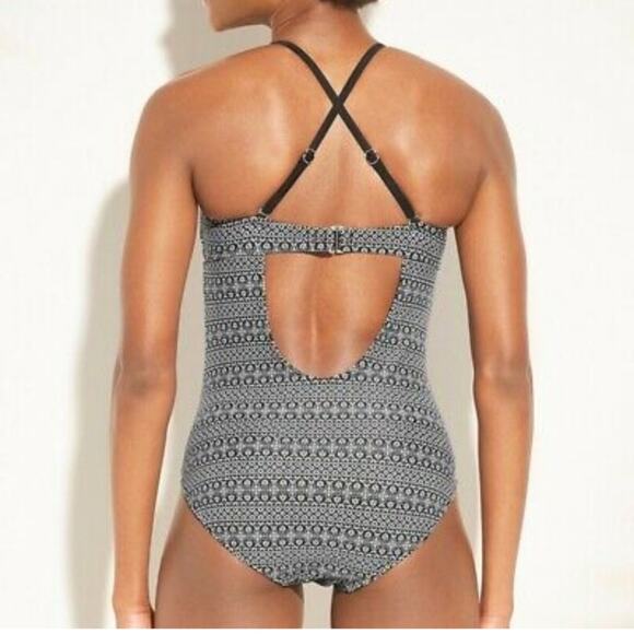 Kona Sol Lace-up Bodice One-piece Black & White Print Suit with Border sz Medium - Picture 4 of 8